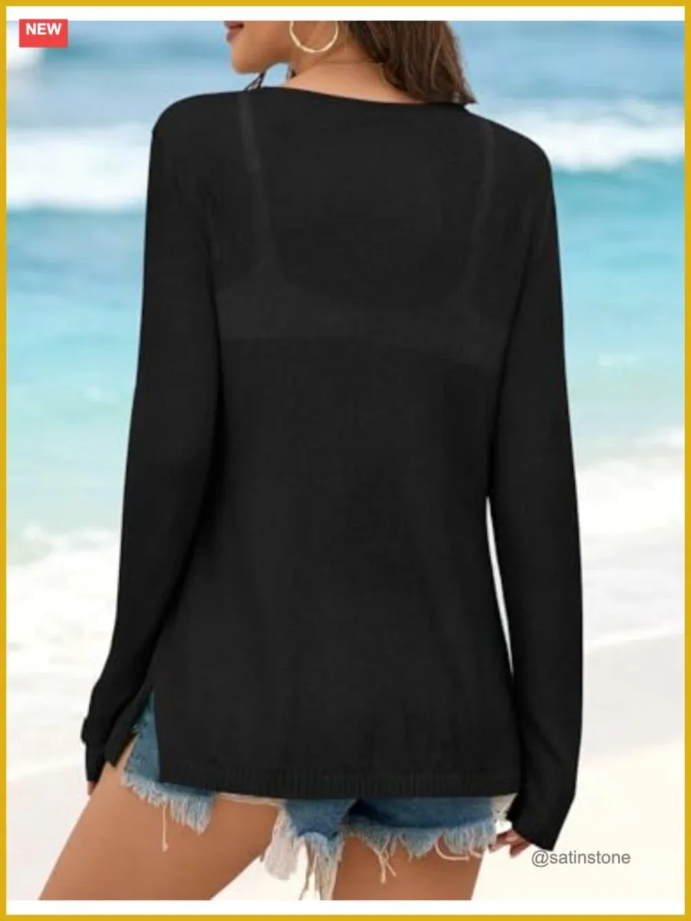 Women's Letter Print Crochet Cover Up Long Sleeve Split Hem Pullover Sweater